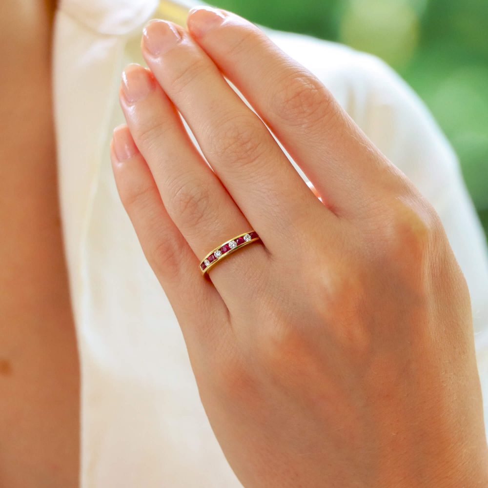 Diamond and Ruby Half Eternity Ring in 18ct Yellow Gold
