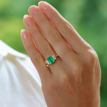 Emerald and Diamond Three Stone Engagement Ring