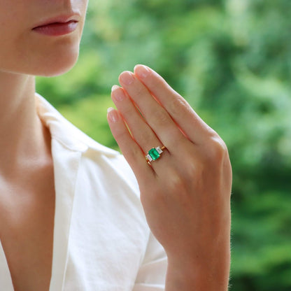 Emerald and Diamond Three Stone Engagement Ring