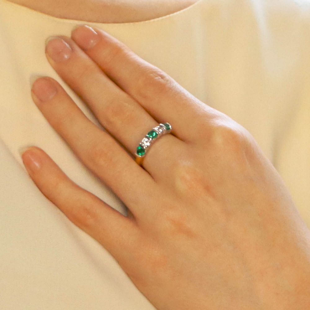 Emerald and Diamond Half Eternity Five Stone Ring