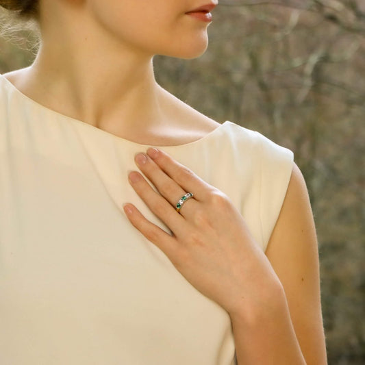 Emerald and Diamond Half Eternity Five Stone Ring