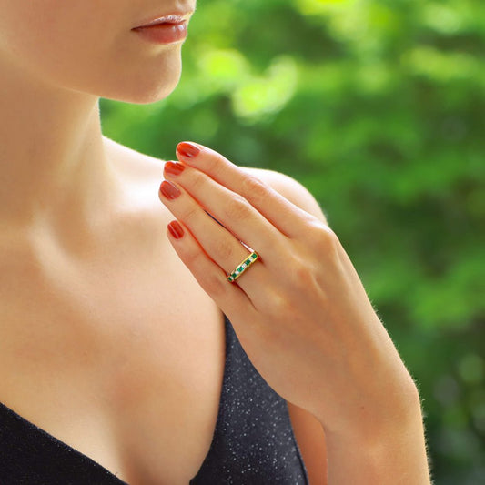 0.22ct Emerald and Diamond Half Eternity Band Ring