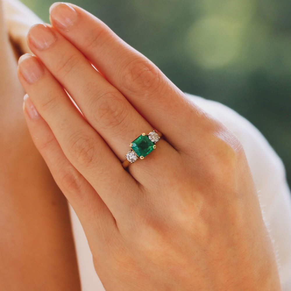 GIA Certified Emerald and Diamond Three Stone Ring