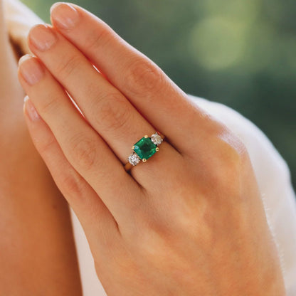 GIA Certified Emerald and Diamond Three Stone Ring