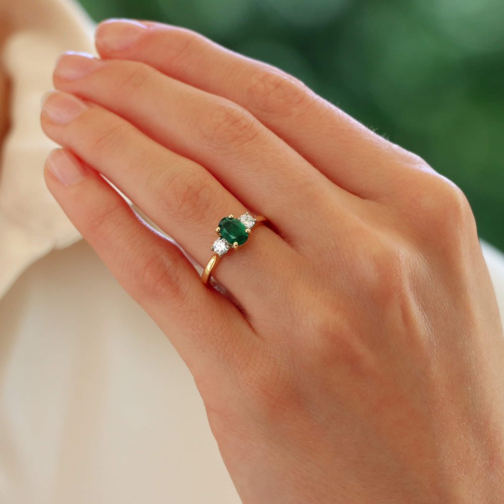 Emerald and Diamond Three Stone Engagement Ring, 0.88ct