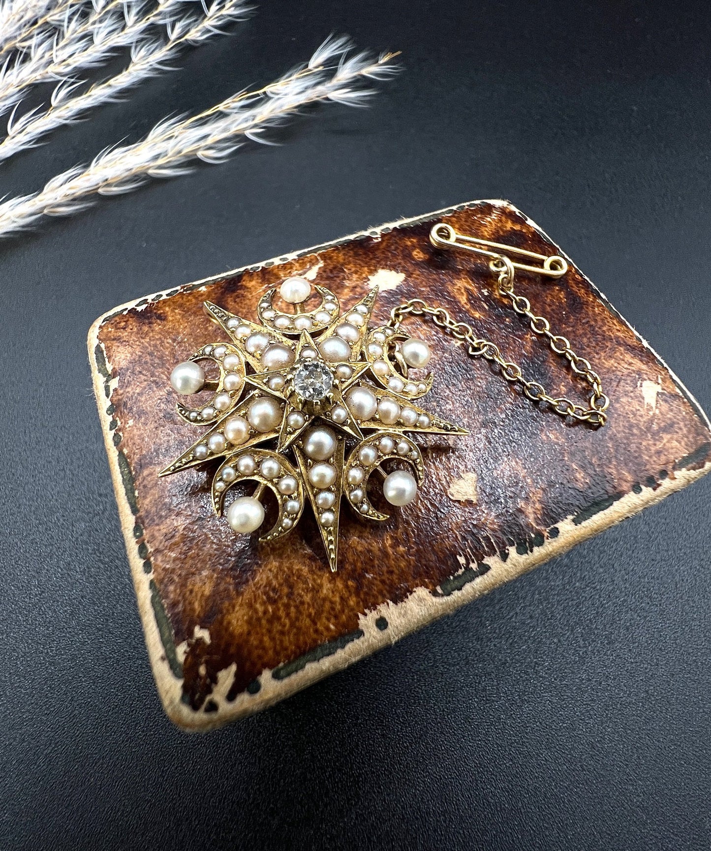 Antique 15 Carat Yellow Gold Diamond and Seed Pearl Crescent Star Brooch/Pendant