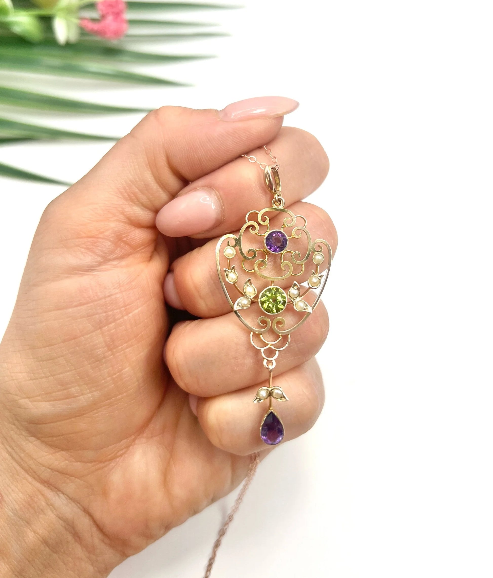 Antique 9 Carat Yellow Gold Amethyst, Peridot and Seed Pearl Suffragette Pendant Necklace