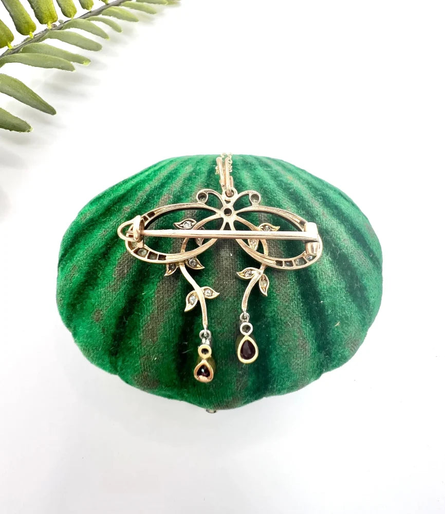 Belle Epoque Edwardian Antique Diamond Bow Pendant Brooch with Ruby Drops