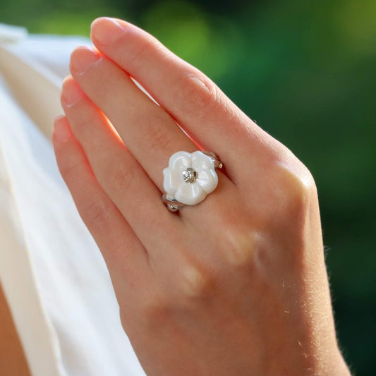 Vintage Chanel Camélia Galbé Ceramic and Diamond Flower Ring