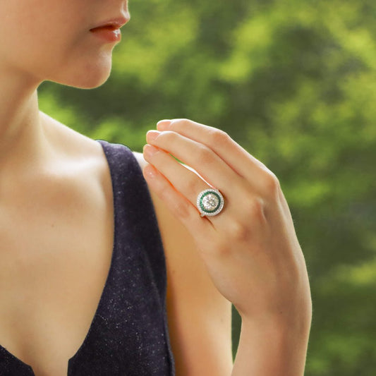 GIA Certified 3ct Diamond and Emerald Double Target Ring in Platinum