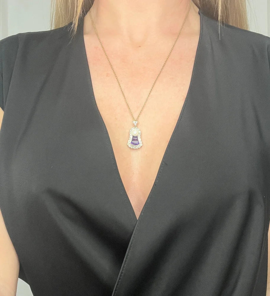 Antique Amethyst, Diamond And Pearl Pendant in 18 Carat Gold and Platinum