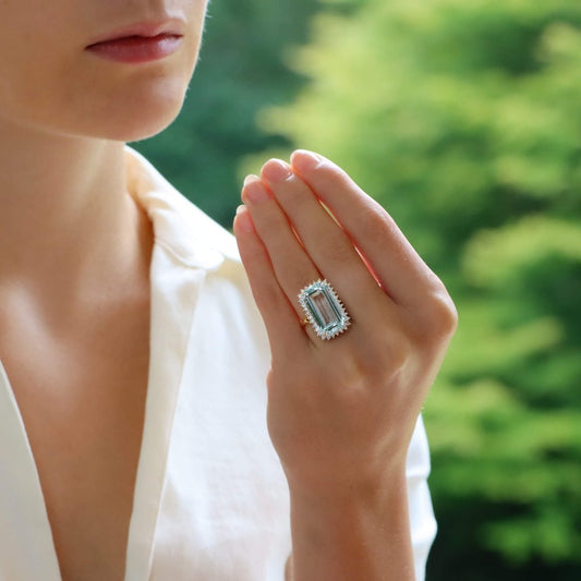 Contemporary 10ct Aquamarine and Diamond Cluster Cocktail Ring