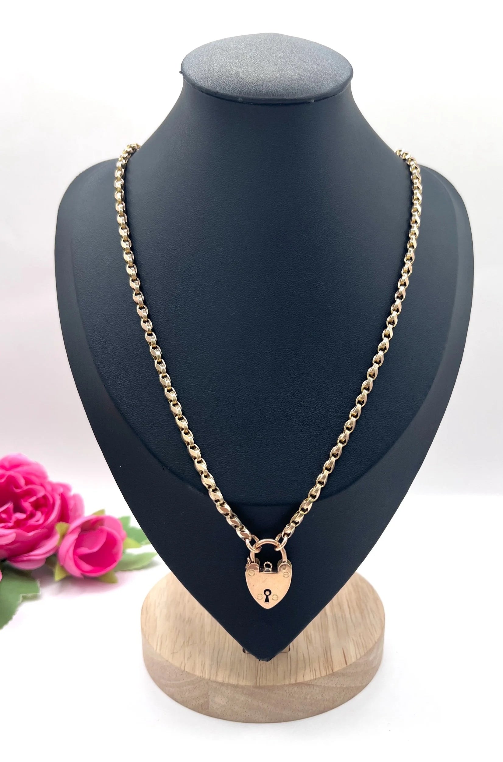Antique 9 Carat Rose Gold Tulip Link Chain with Edwardian Heart Padlock Clasp