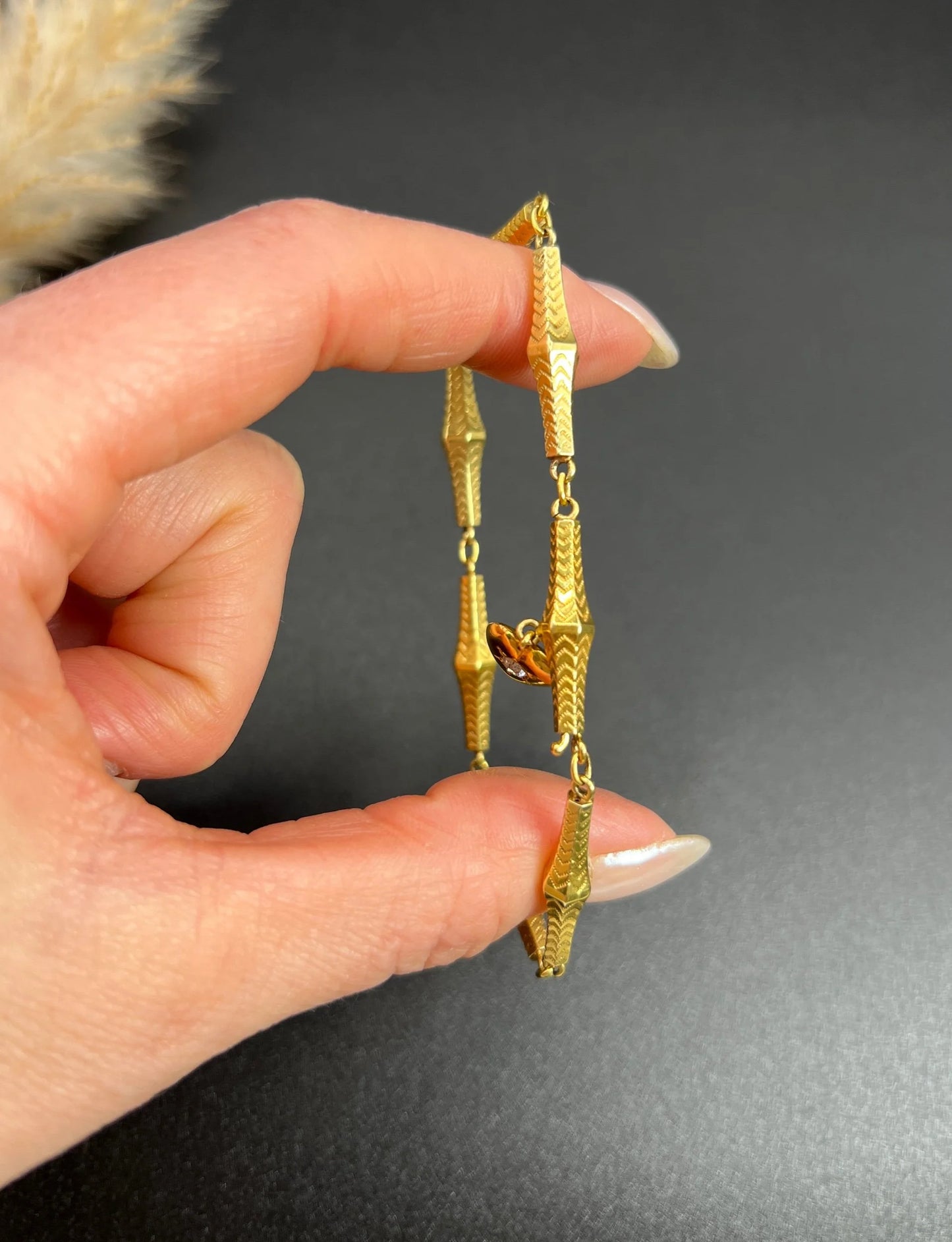 Antique 15 ct Yellow Gold, Georgian Fancy Link, Diamond Set Heart Charm Bracelet