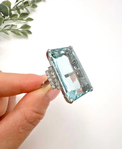 Vintage 25.66ct Aquamarine and Diamond Cocktail Ring