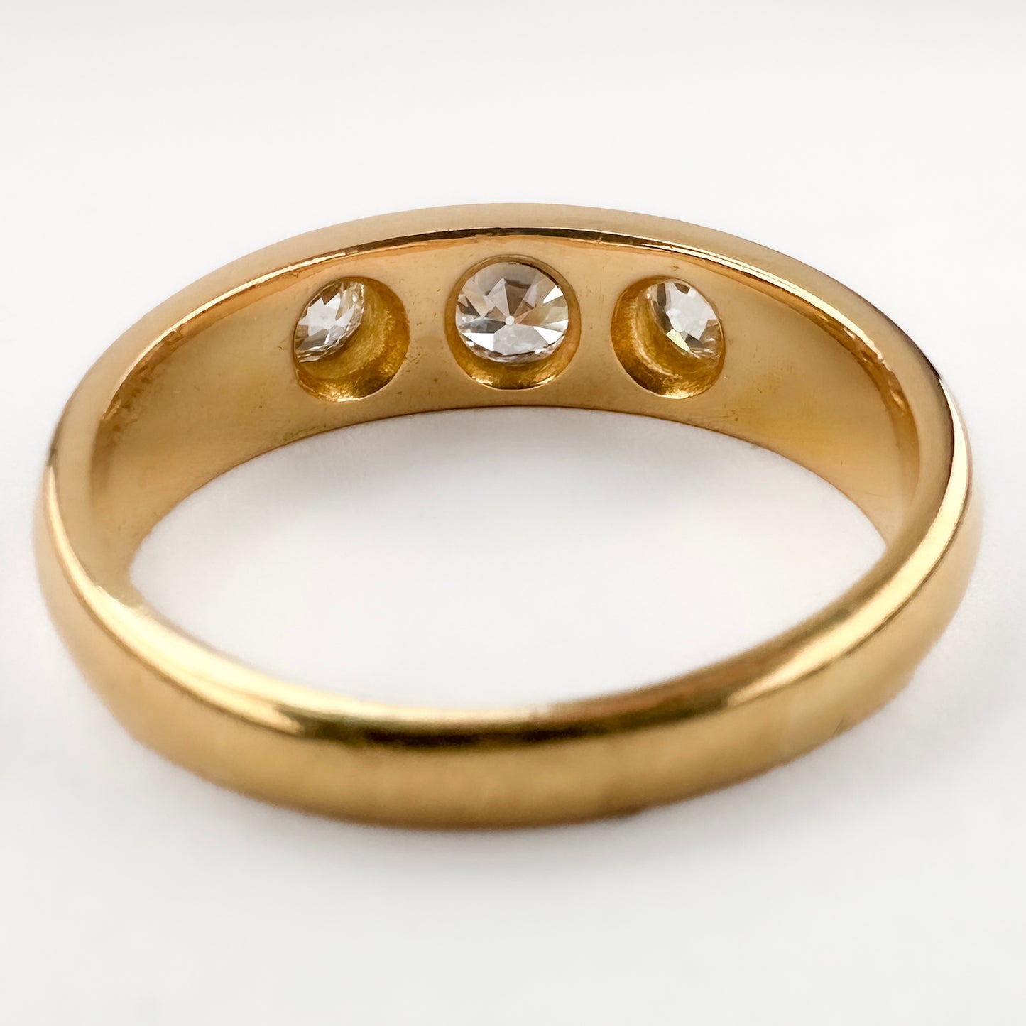 Victorian Antique Old Cut Diamond Three Stone Gypsy Ring, 0.75 carats