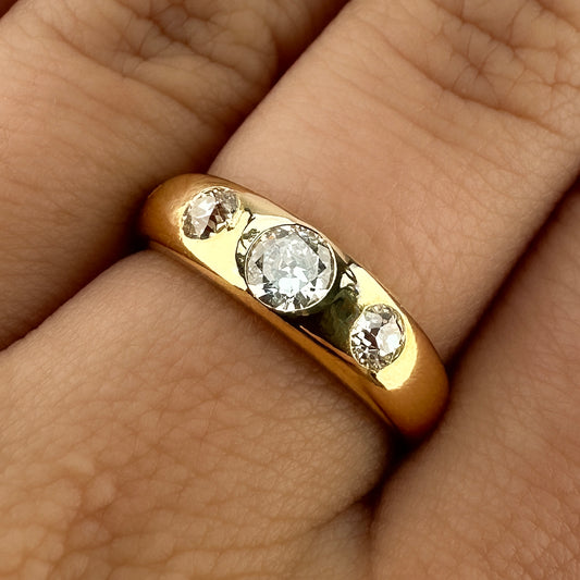 Victorian Antique Old Cut Diamond Three Stone Gypsy Ring, 0.75 carats