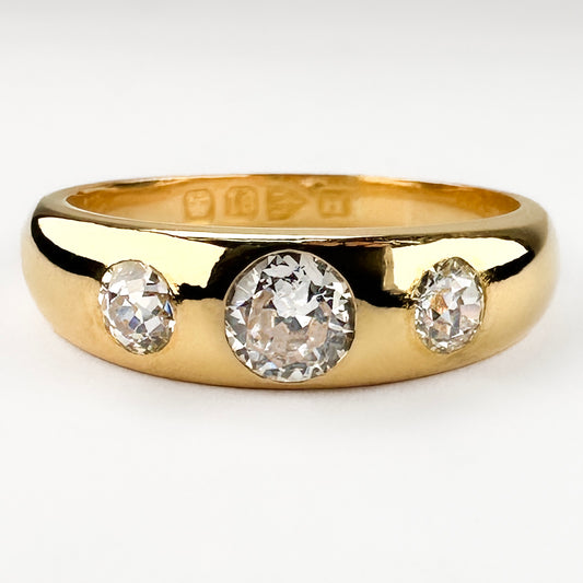 Victorian Antique Old Cut Diamond Three Stone Gypsy Ring, 0.75 carats