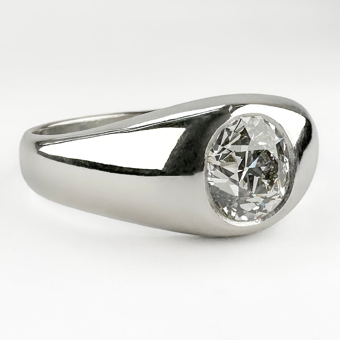 Edwardian Antique 1.36ct Old Cut Diamond Solitaire Gypsy Ring in Platinum
