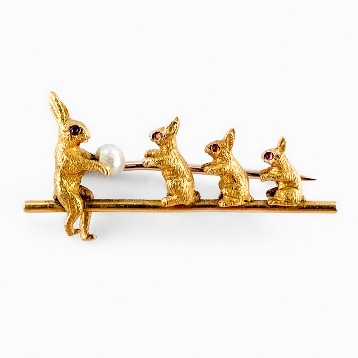 Edwardian Rabbit Brooch with Ruby Eyes & Natural Pearl