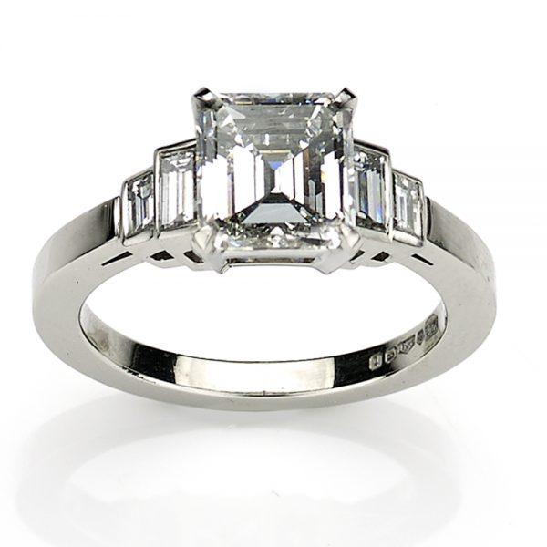 Art Deco Style Emerald Cut Diamond Engagement Platinum Ring
