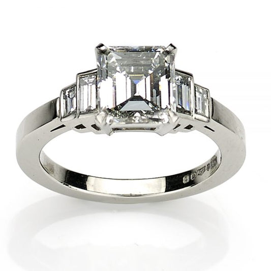 Art Deco Style Emerald Cut Diamond Engagement Platinum Ring