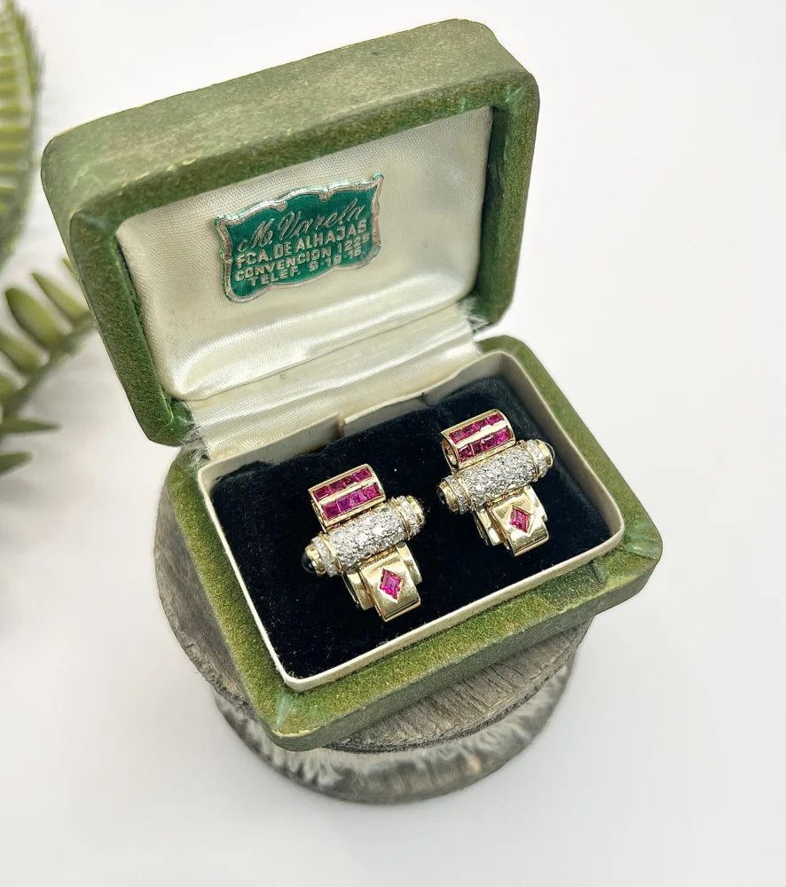 Art Deco Earrings With Old Cut Diamonds, Rubies And Onyx In 18 Carat Yellow And White Gold