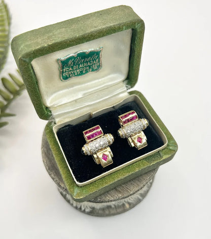 Art Deco Earrings With Old Cut Diamonds, Rubies And Onyx In 18 Carat Yellow And White Gold