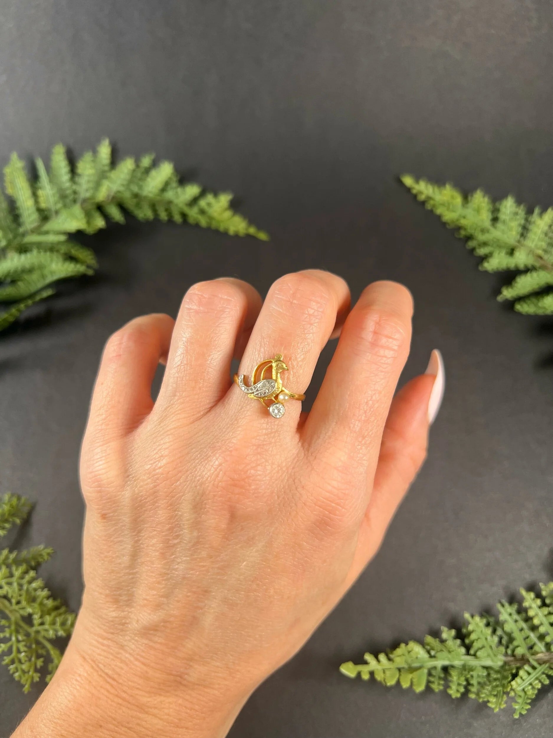 Art Nouveau 18 Carat Gold Old Cut Diamond and Natural Pearl Peacock Bird Ring