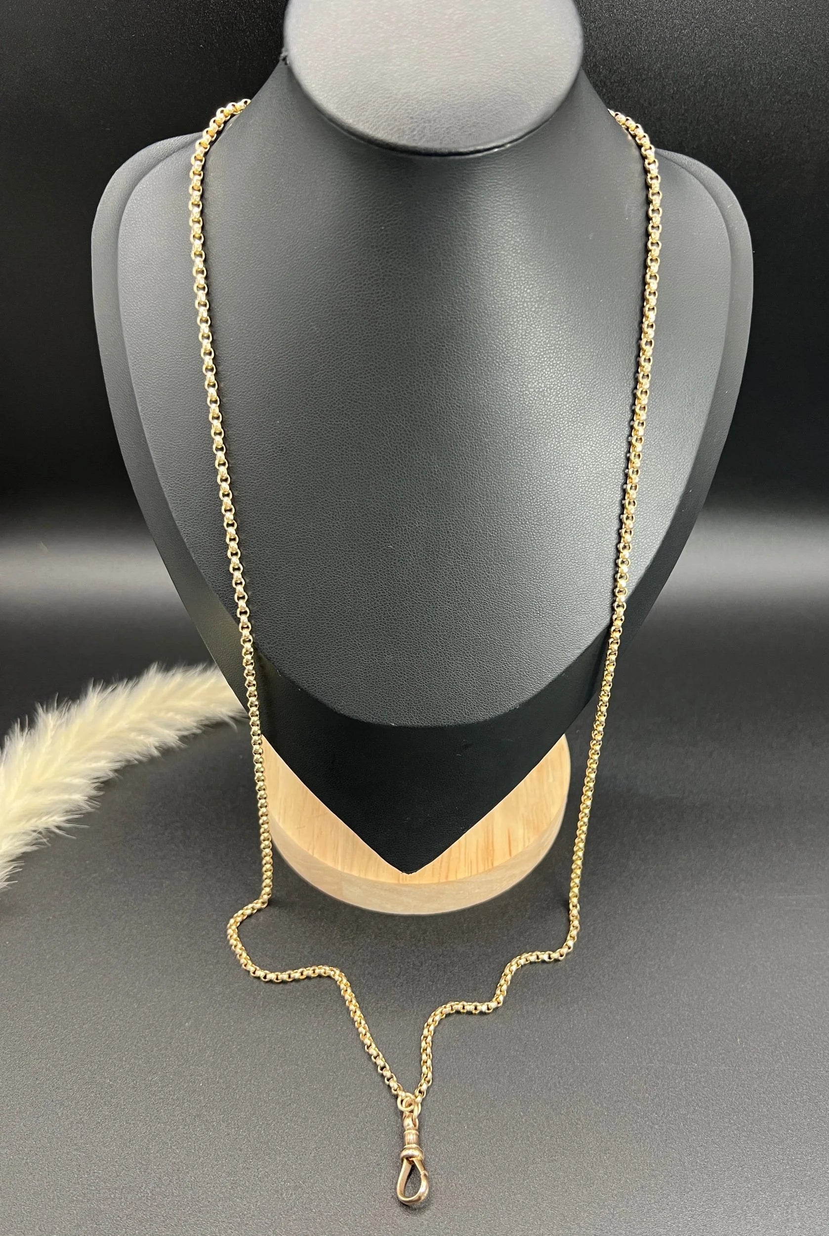 Antique 9 ct Rose Gold Edwardian 30 Inch Faceted Round Belcher Link Chain With Swivel Dog Clip