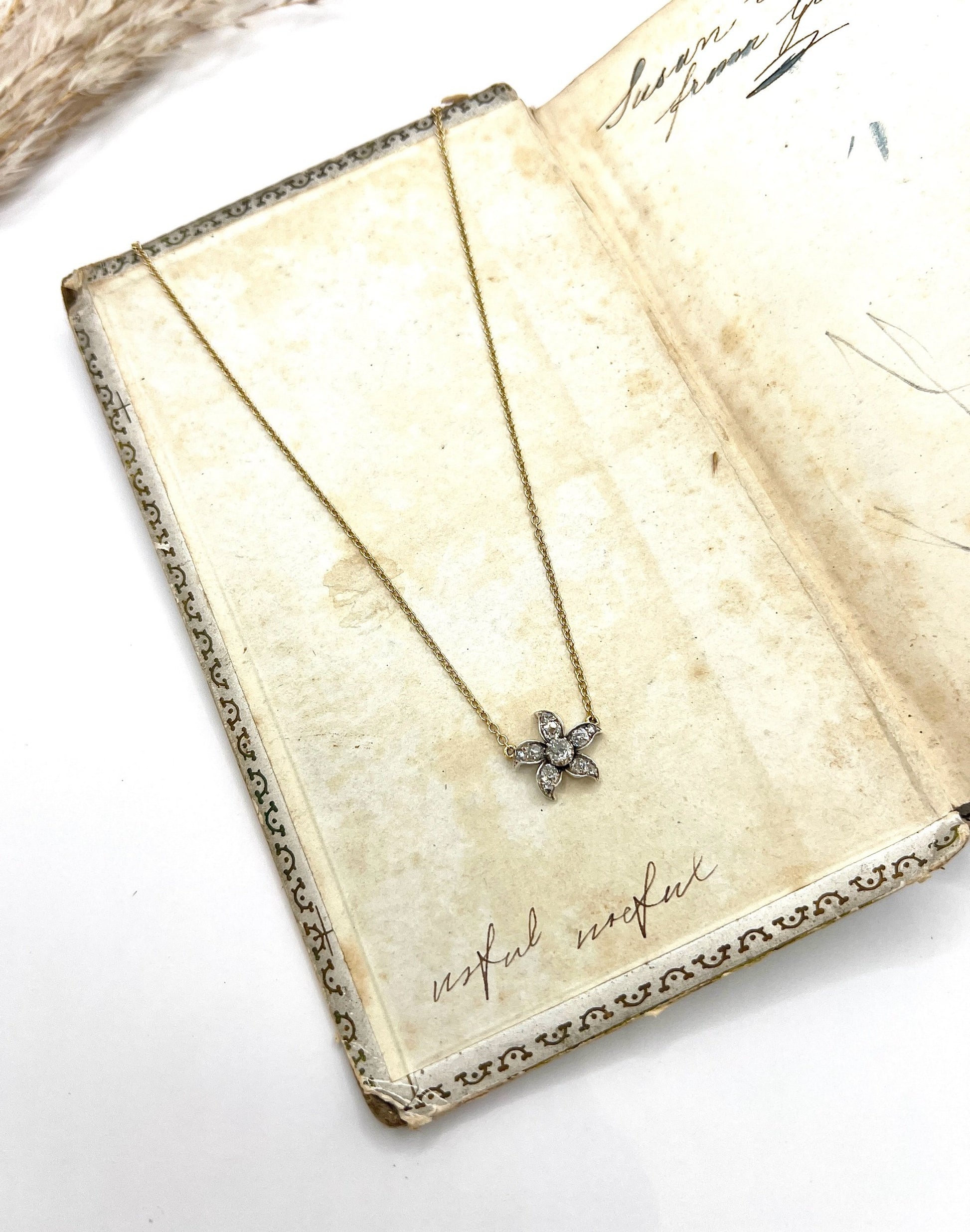Antique 9 Carat Gold, Victorian Old Cut Diamond Flower Pendant Necklace