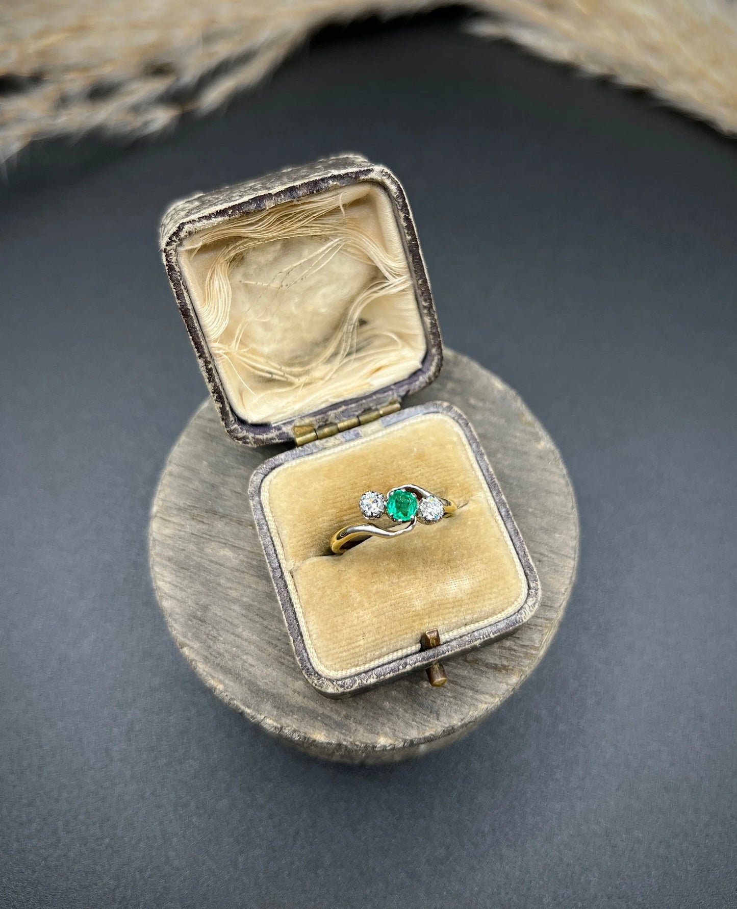 Antique 18 ct Gold And Platinum 1920's Emerald And Diamond Crossover Trilogy Engagement Ring