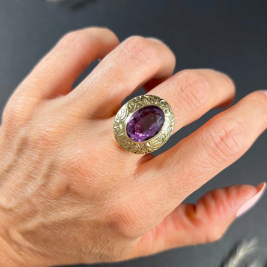 Antique 14ct Two Colour Gold, Fancy Victorian Faceted Amethyst Dress Ring