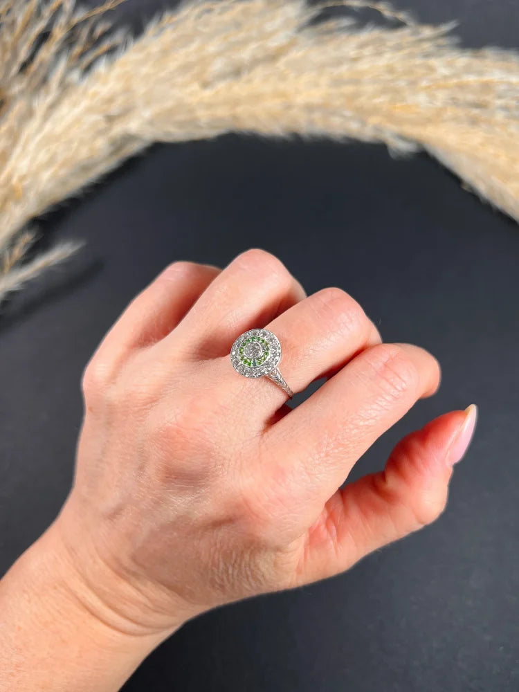 Edwardian Antique Demantoid Garnet and Diamond Target Cluster Ring