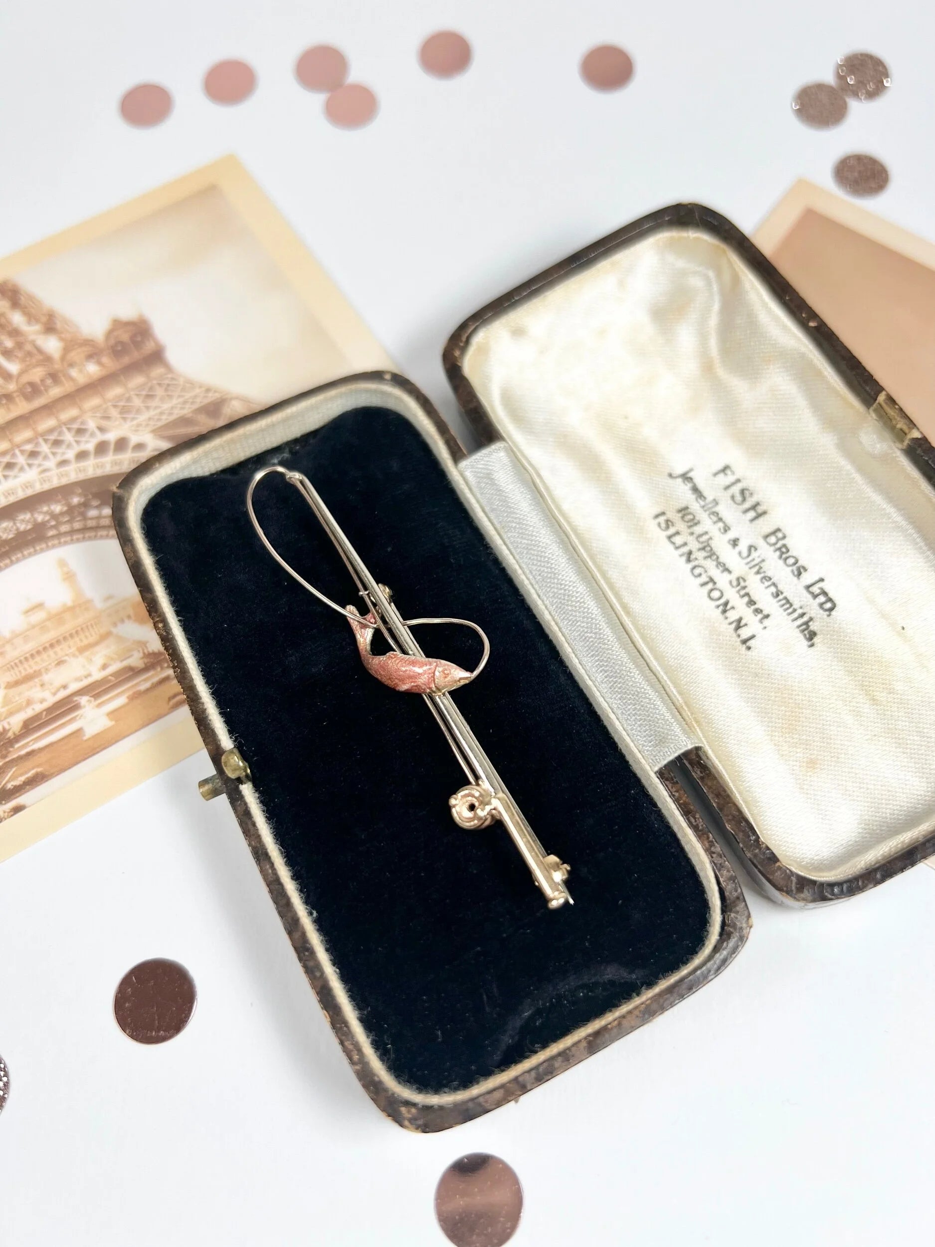 Antique 9ct Gold & Enamel Edwardian Fishing Rod Brooch, Hallmarked London 1905