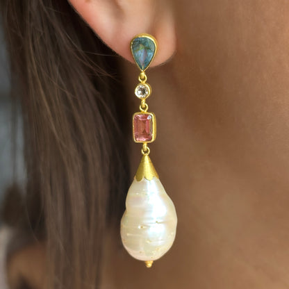 Vintage Baroque Pearl and Multi Gemstone Drop Earrings