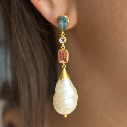 Vintage Baroque Pearl and Multi Gemstone Drop Earrings