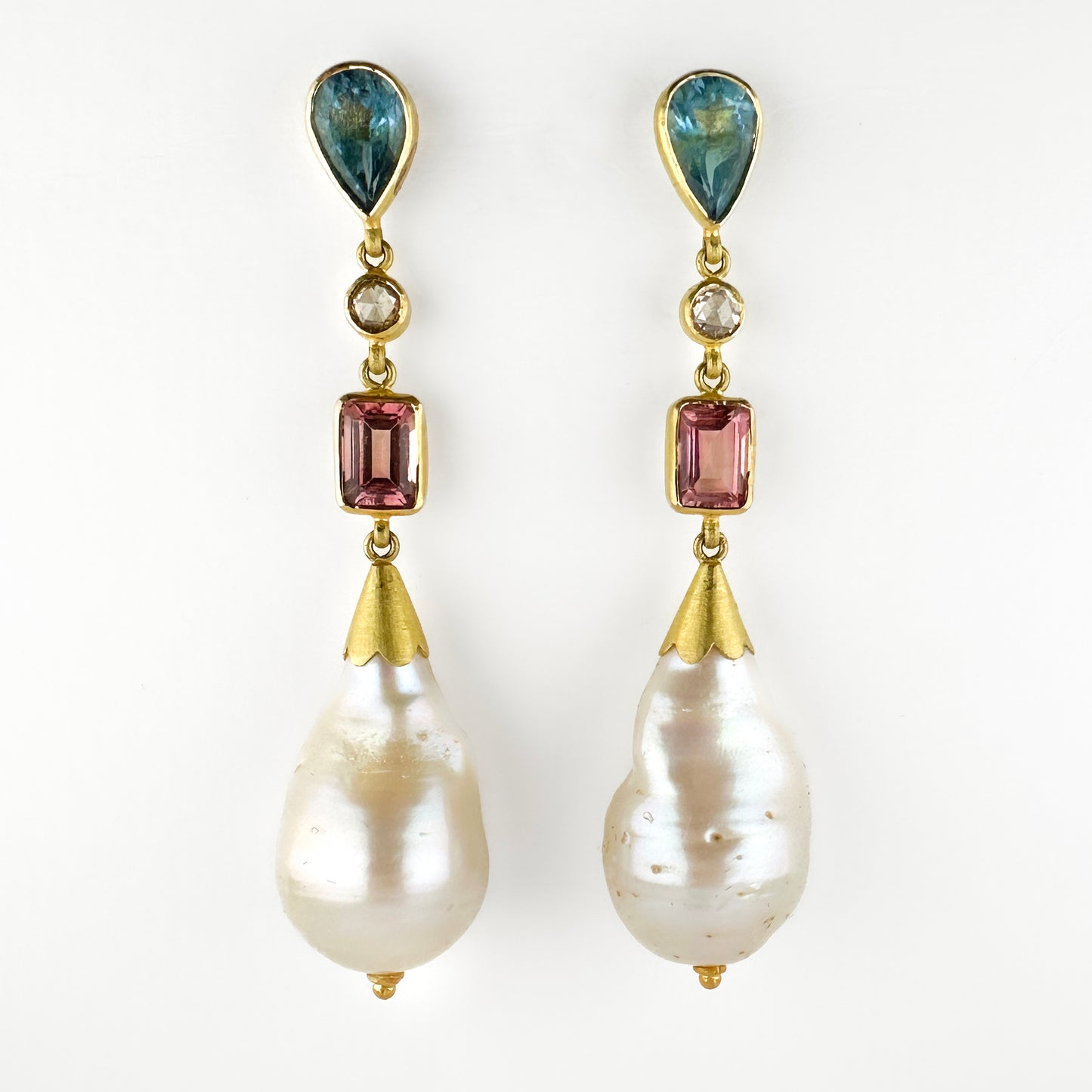 Vintage Baroque Pearl and Multi Gemstone Drop Earrings