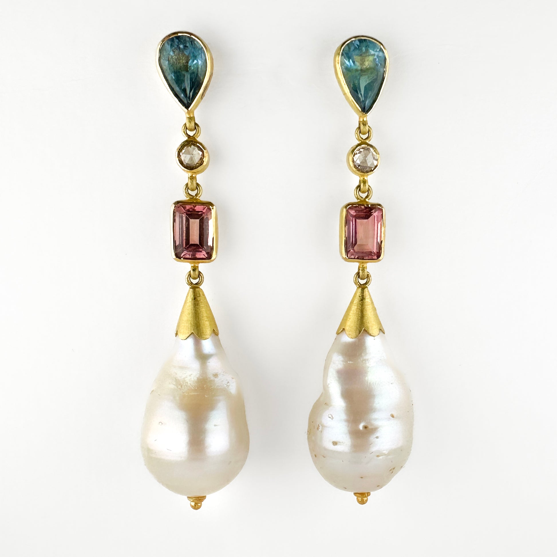 Vintage Baroque Pearl and Multi Gemstone Drop Earrings