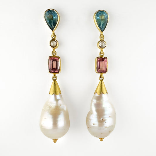 Vintage Baroque Pearl and Multi Gemstone Drop Earrings