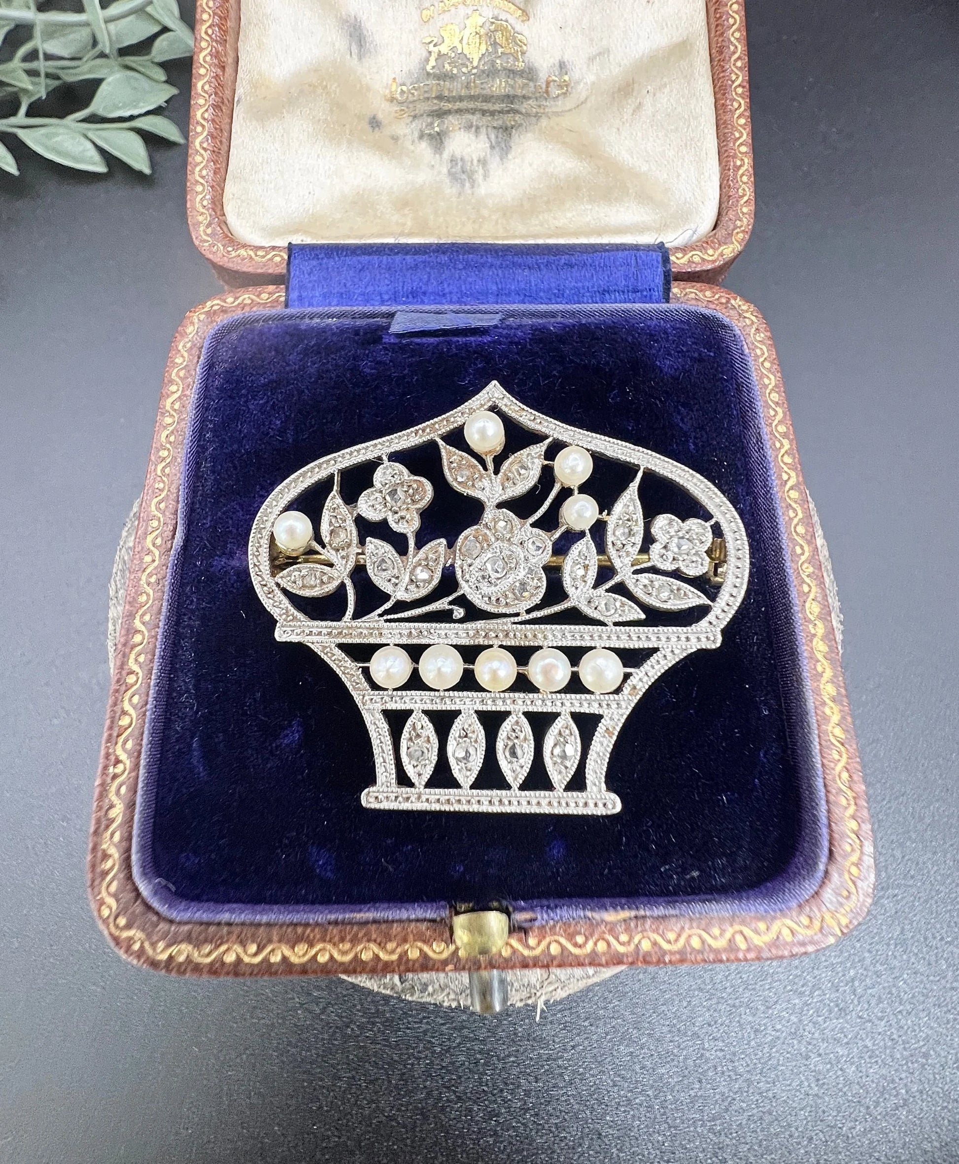 Belle Epoque 18 Carat Gold, Platinum, Diamond and Pearl Flower Basket Brooch/Pendant