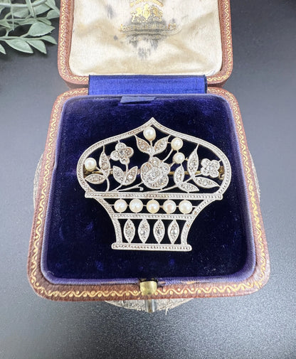 Belle Epoque 18 Carat Gold, Platinum, Diamond and Pearl Flower Basket Brooch/Pendant