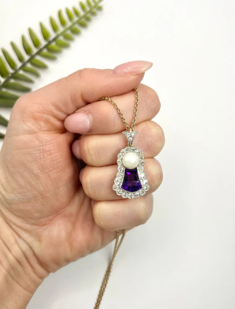 Antique Amethyst, Diamond And Pearl Pendant in 18 Carat Gold and Platinum