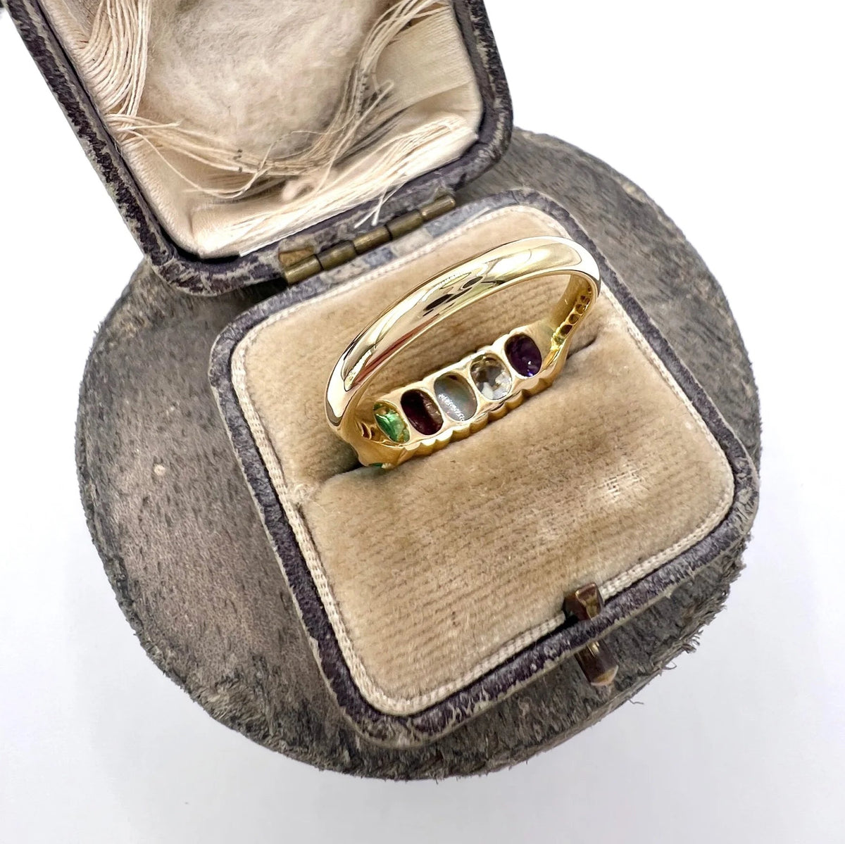 Antique Victorian ADORE Acrostic Ring 18ct Gold with Amethyst Diamond Opal Ruby Emerald