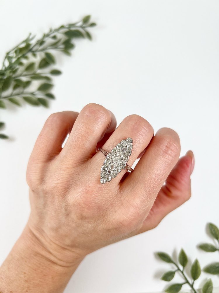 Antique Edwardian Diamond Navette Statement Ring in 18ct White Gold