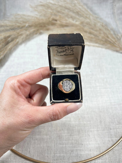 Vintage French Diamond Encrusted Oval Shaped Signet Ring