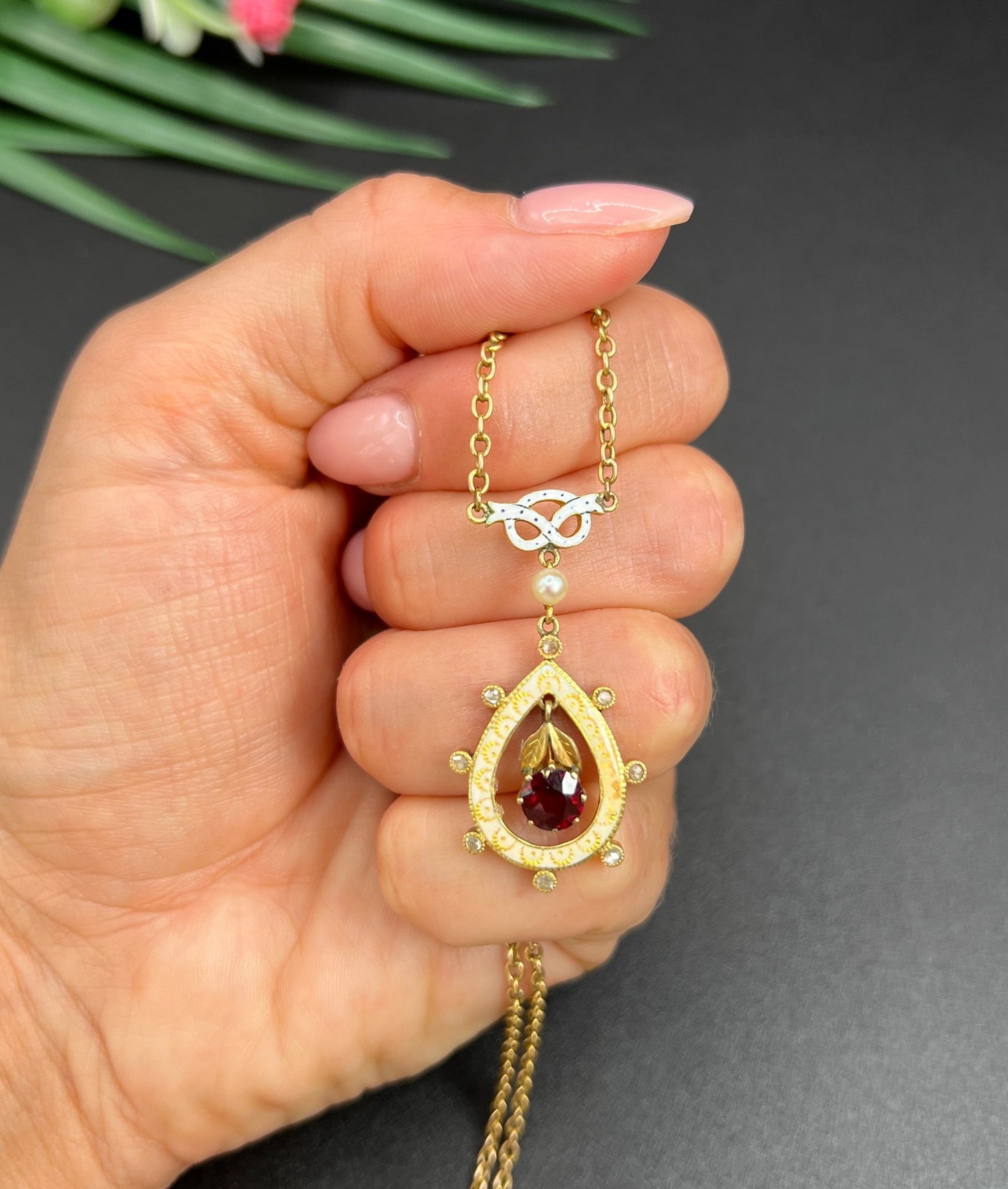 Antique 15 ct Gold, Edwardian Garnet, Diamond, Seed Pearl And Enamel Pendant Necklace