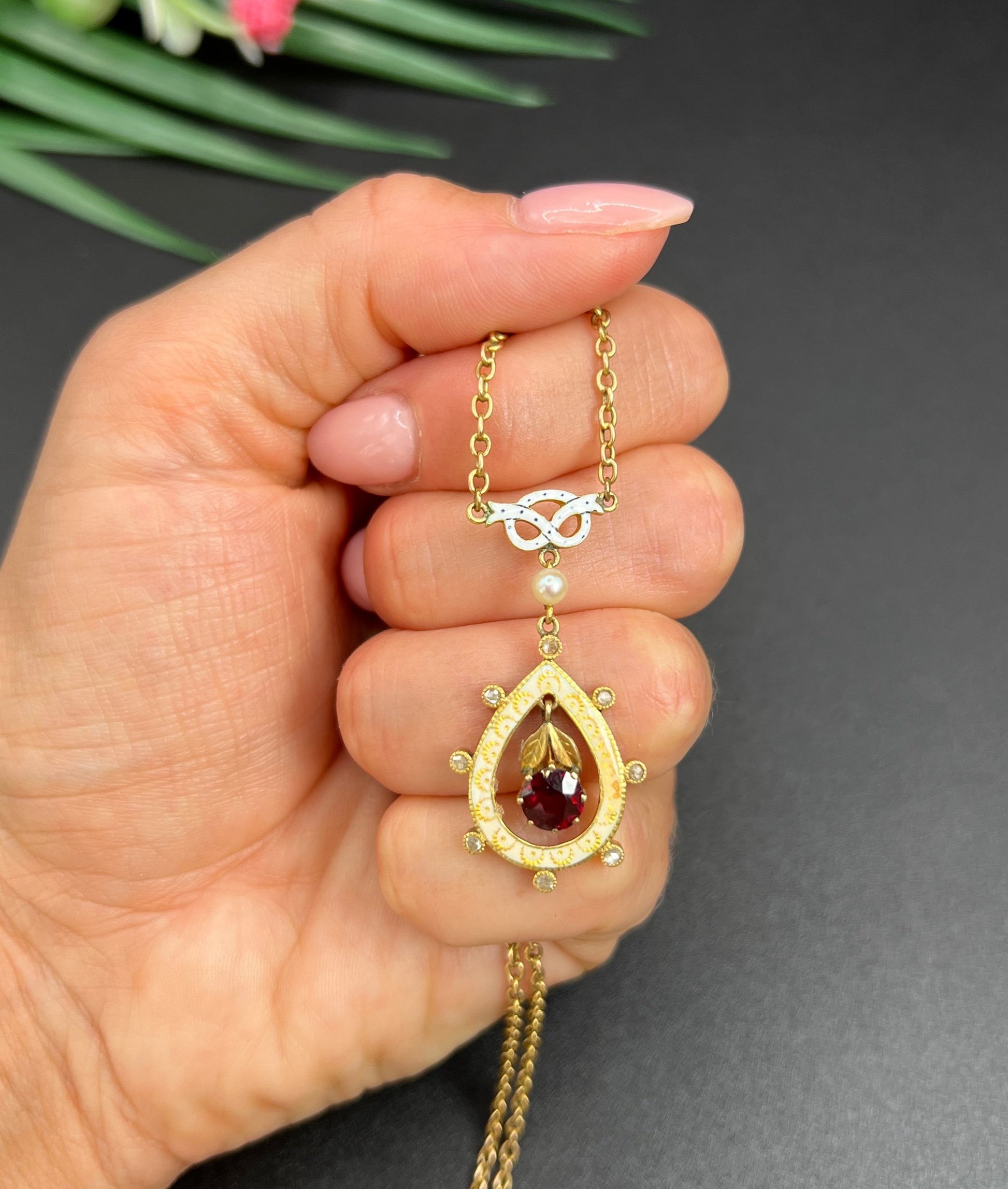 Antique 15 ct Gold, Edwardian Garnet, Diamond, Seed Pearl And Enamel Pendant Necklace