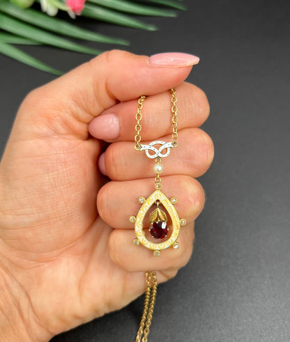 Antique 15 ct Gold, Edwardian Garnet, Diamond, Seed Pearl And Enamel Pendant Necklace