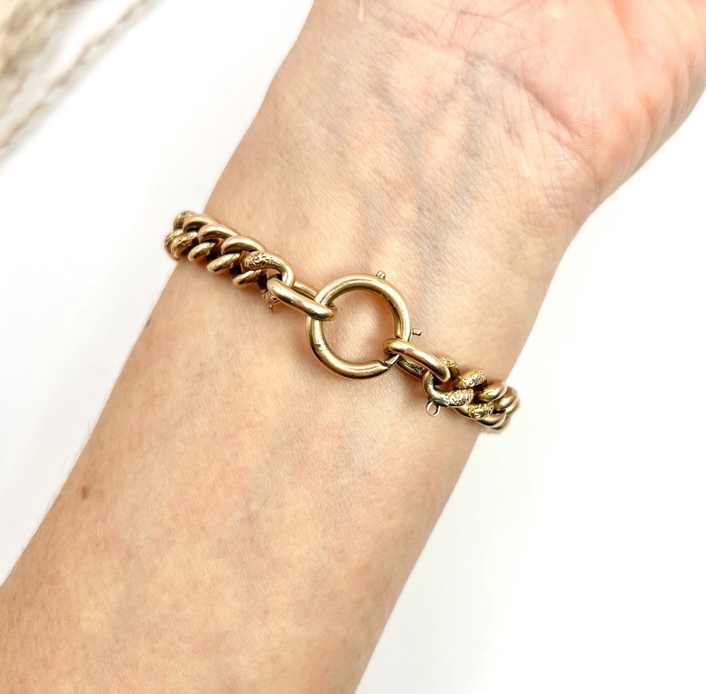 Edwardian 9 Carat Rose Gold Night and Day Floral Curb Bracelet with Large Bolt Ring